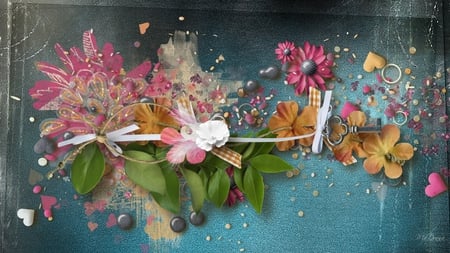 Pink and Gold Swag - paint, blue, splatter, pink, grunge, flowers, ribbon, keys, hearts