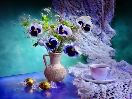 Still life - nice, delicate, tea, cup of coffee, still life, lovely, cup, vase, pretty, blue, beautiful, violets