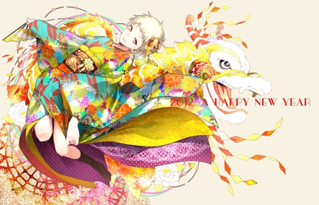 2012 Year of The Dragon - anime, 2012, girl, fan, kimono, leaves, colorful, dragon, rainbow