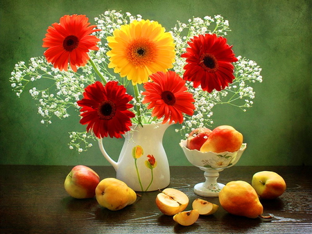 Still life - pretty, delicate, beautiful, lovely, still life, flowers, gerberas, red, nice, fruits