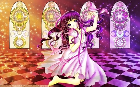 A Carefree Moment - anime, birds, carefree, alone, light, gentle, purple, hope, hall, sun, castle, tile, moon, sparkle, delicate, tomoyo, orange, card captors, graceful, cute, adorable, madison