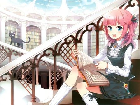 Open Library - anime, library, book, beautiful, reading, girl, light, sweet, cat, cute, day, sky