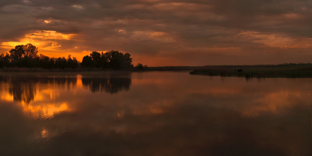 Beautiful Dawn - sky, lake, trees, dark, reflection, dawn, bronze