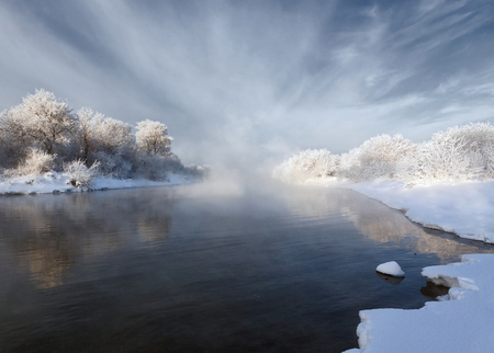 FROSTY - white, trees, frost, river, snow, winter, vapour