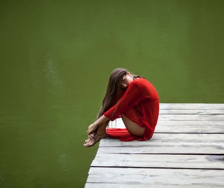 Waiting for You.. - sitting, board, lake, girl, wooden, beautiful, red, top, gaze, look