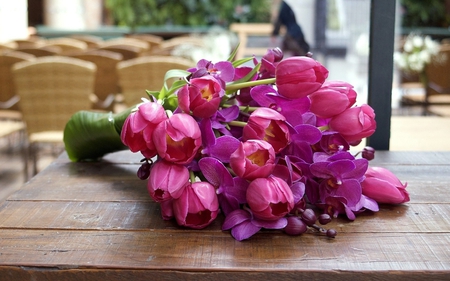 Beautiful Bouquet - purple flowers, romantic, chairs, romance, bouquet, flowers, tulips, purple, purple tulips