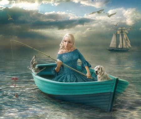 gold fish hunters - fantasy, birds, woman, ship, boat, dog, ocean