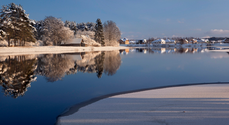 Frozen River - river, trees, frozen, winter, ladscape, beautiful, snow, houses