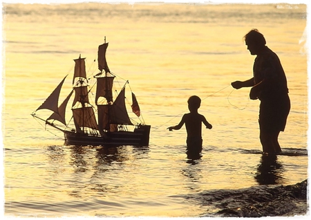 The Boy and the Ship - ship, boy, man, sunset, sea