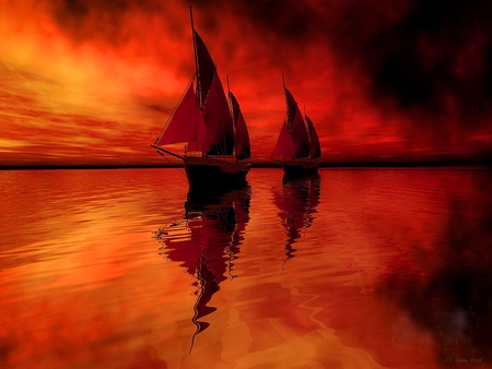 Red sky at night - sea, night, ocean, light, reflection, sailboats, boats, nature, red, two