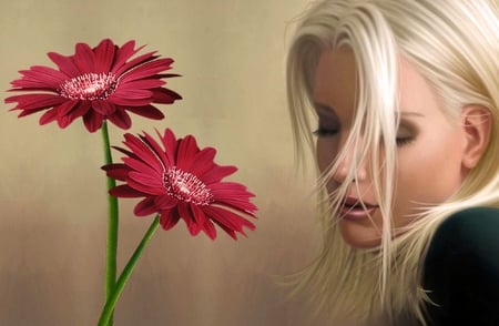 Gerbera - woman, nice, silhouette, black, white, face, brown, art, yellow, fine, figure, gerbera flowers, serene, girl, romantic, red, beautiful, flowers, digital, blonde