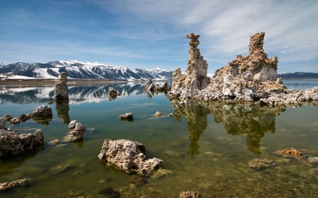 Alpine Lake - lake, sky, alpine, mountain, water, winter, nature, quiet, clouds, rock, rubble