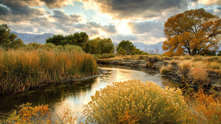 Sunset - nature, sky, autumn, dark, clouds, river, sunset, storm