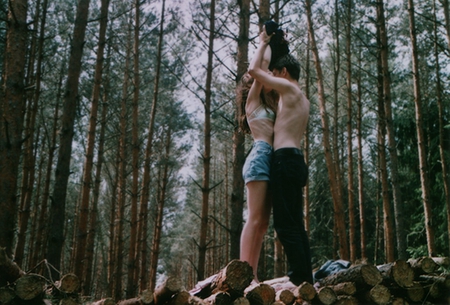 U & Me...in nature - clothes, u, pic, people, forest, photo, hug, woods, trees, image, photography, trousers, you, half naked, photograph, logs, me, nature, picture, barefoot, shorts, wall, wallpaper