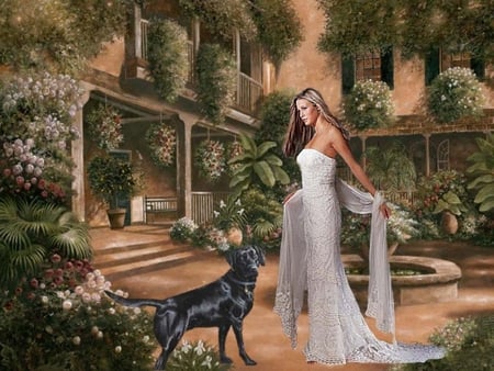 WHITE WEDDING - white, wedding, female, dog, flowers, plants, courtyard, dress