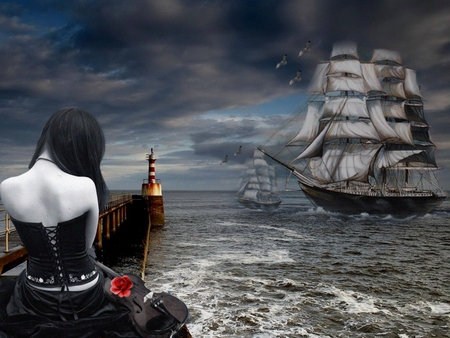 SONG FOR THE OCEAN - sky, ocean, female, ships, rose, waves, clouds, violin, birds