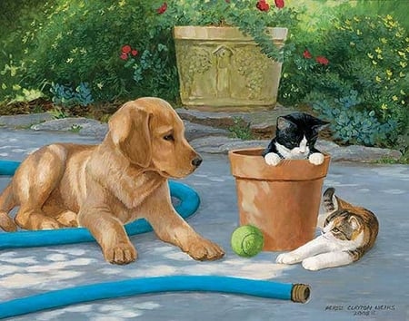 By Persis Clayton - cat, puppy, persis clayton, summer, kitten, painting, art, artwork, dog, garden, friend