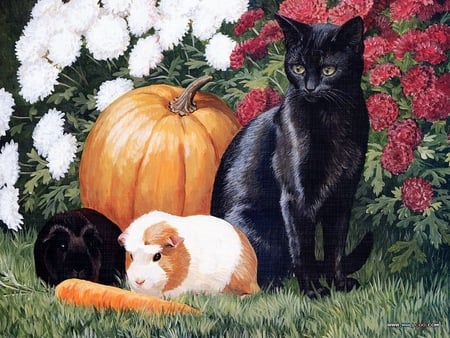 By Persis Clayton - kitten, paumpkin, painting, anima, flower, art, cat, persis clayton