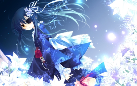 Winter Lily - girl, winter, child, white, lily, pretty, patch, snow, blue, beautiful, anime, flower