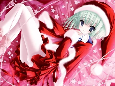 Present Time - anime, winter, blue, beautiful, hot, snow, girl, present, pink, santa, red, cute, sexy