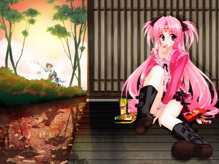 Miharu Sena - pretty, girls bravo, anime, pink, bamboo, gentle, rest, river, sunset, cute, sena, miharu