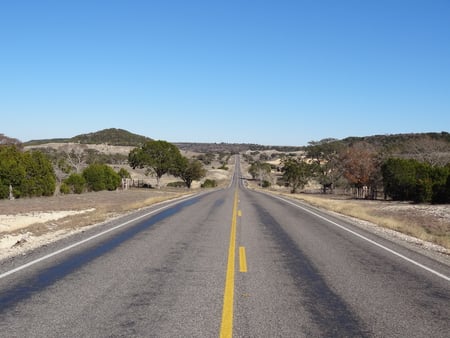 Down The Long Road - sky, trees, hills, desert, road