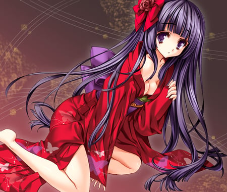 Anime - girl, long hair, anime, kimono, flower