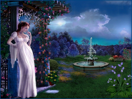 MIDNIGHT GARDEN - flowers, female, fountain, garden, midnight