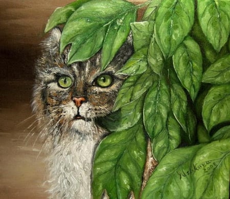 Cat among leaves - painting, art, cat, feline, kitten