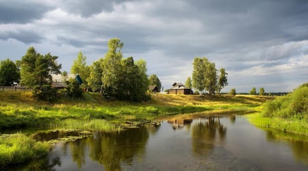 Village - sky, houses, sun, storm, village, quiet, clouds, river, green