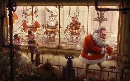 Santa Factory - abstract, santa, fantasy, technology, robot, factory