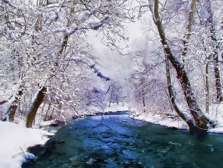 Winter river - river, trees, frozen, white, winter, nature, cnow, blue