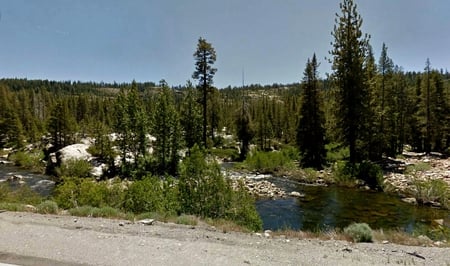 California - sky, california, trees, scenic, hills, river, water