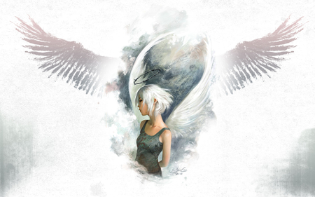 Angel - beauty, sexy, hot, angel, female, brave, wings, anime girl, heaven, feather wing, alone, cool, cloud, sweet, white hair