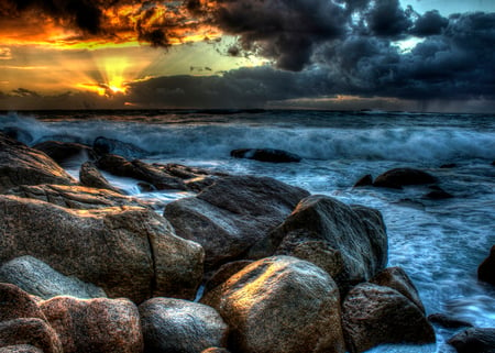 Sunset-HDR - pretty, scenery, blue, amazing, landscape, great, view, hdr, nice, sky, sun, clouds, beautiful, photography, sea, beauty, colors, lovely, cool, ocean, colorful, nature, sunset, rays, waves, rocks