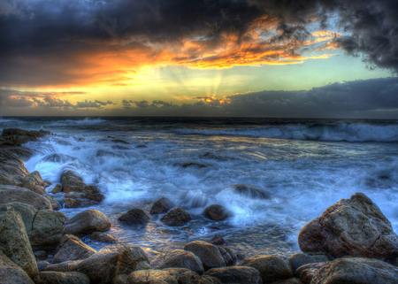 Sunset-HDR - nice, beauty, sky, photography, sun, colorful, great, sunset, rocks, amazing, view, pretty, cool, clouds, hdr, rays, ocean, landscape, lovely, waves, nature, blue, beautiful, scenery, colors, sea