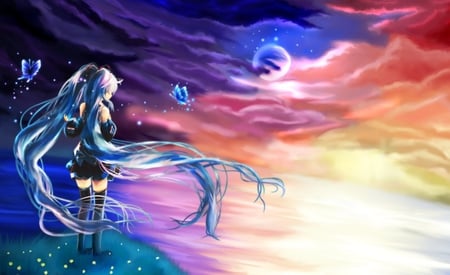 Colorful World - tie, pretty, artistic, twin tail, uniform, stunning, costume, rainbow, nice, program, leggings, thighhighs, beauty, virtual, cg, white, gray, butterfly, cute, aqua eyes, song, outfit, vocaloid, anime, blue, amazing, twintail, grass, hatsune miku, stars, music, aqua, stockings, art, sky, idol, clouds, moon, anime girl, skirt, water, beautiful, sea, singer, girl, cool, ocean, black, colorful, miku, awesome, diva, digital, aqua hair, thigh highs, hatsune, vocaloids