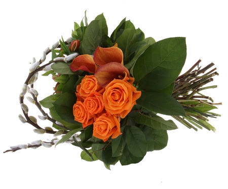 Bouquet - nice, beauty, roses, photography, delicate, willow branches, bouquet, bride, rose, white, pretty, cool, wint love, orange, romance, calla, green, harmony, wedding, lovely, romantic, beautiful, colors, flowers, photo, flower, elegantly