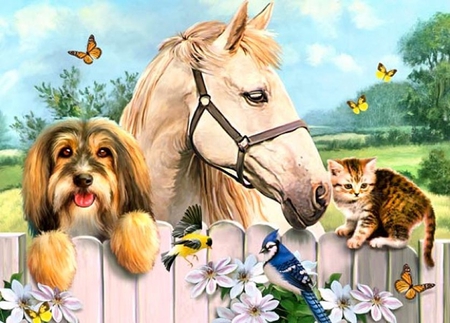 Hy Howard Robinson - flower, horse, animal, puppy, cat, art, howard robinson, butterfly, fence, kitten, painting, dog