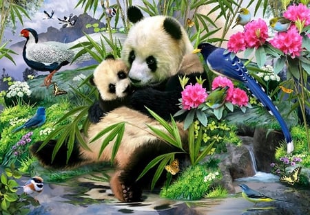 By Howard Robinson - bird, bear, animal, howard robinson, painting, panda, flower, art