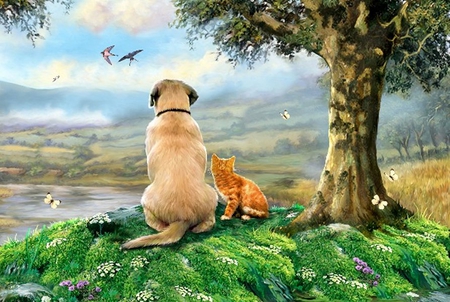 By Howard Robinson - dog, grass, tree, cat, animal, howard robinson, kitten, view, painting, puppy, art