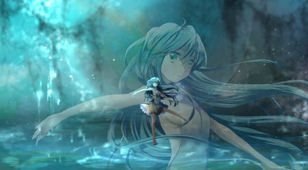 Hatsune Miku - aqua, hot, thigh highs, thighhighs, music, anime girl, white, amazing, art, cavern, cool, reflection, aqua eyes, dancing, artistic, hatsune miku, sexy, song, majestic, stunning, shade, vocaloids, program, vocaloid, beautiful, diva, dress, beauty, nice, water, twintail, singer, aqua hair, black, virtual, pretty, idol, anime, miku, cute, twin tail, girl, cg, hatsune, blue, awesome, digital