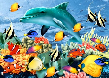 By Howard Robinson - animal, howard robinson, underwater, painting, dolphin, sea, fish, art