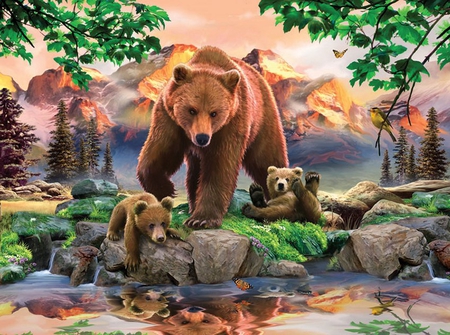 By Howard Robinson - cub, family, howard robinson, bear, animal, river, painting, art