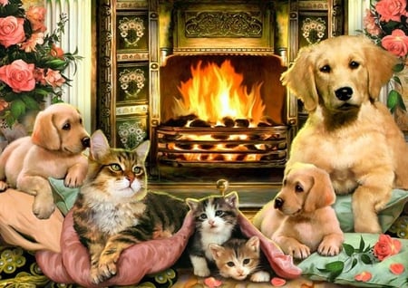 By Howard Robinson - dog, flower, home, cat, animal, fireplace, howard robinson, kitten, painting, puppy, art