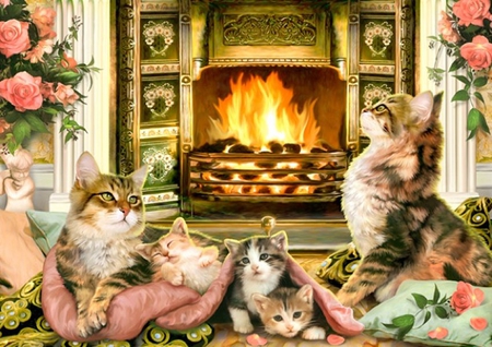 By Howard Robinson - animal, fireplace, howard robinson, kitten, painting, flower, art, cat