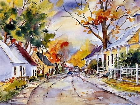 Painting - street, road, tree, drawing, art