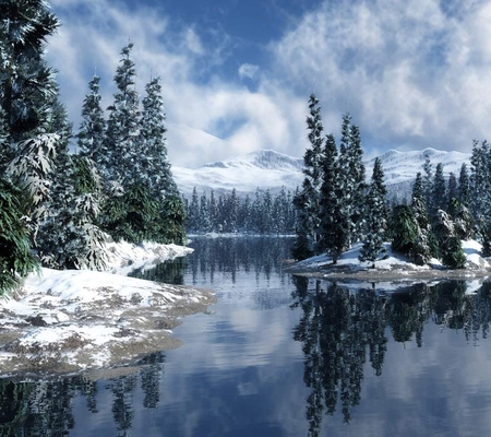 Snowscape - river, trees, blue, beautiful, snow, lovely, snowscape