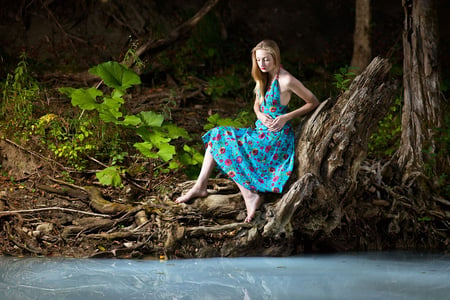 Milk and Honey - forest, old tree, river, beautiful, leaves, girl, blue, green