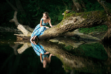 Beauty of the Forest - reflections, wood, beauty, girl, forest, beautiful, water, lovely